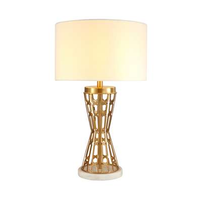 PQS Factory New Design Fabric Shade Alabaster Marble Base Gold Iron Art Decor Table Lamp